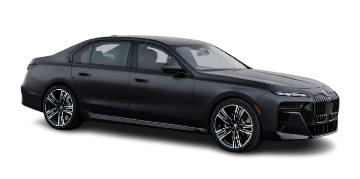 Black BMW 7 Series M760e luxury chauffeur car for VIP airport transfers in London